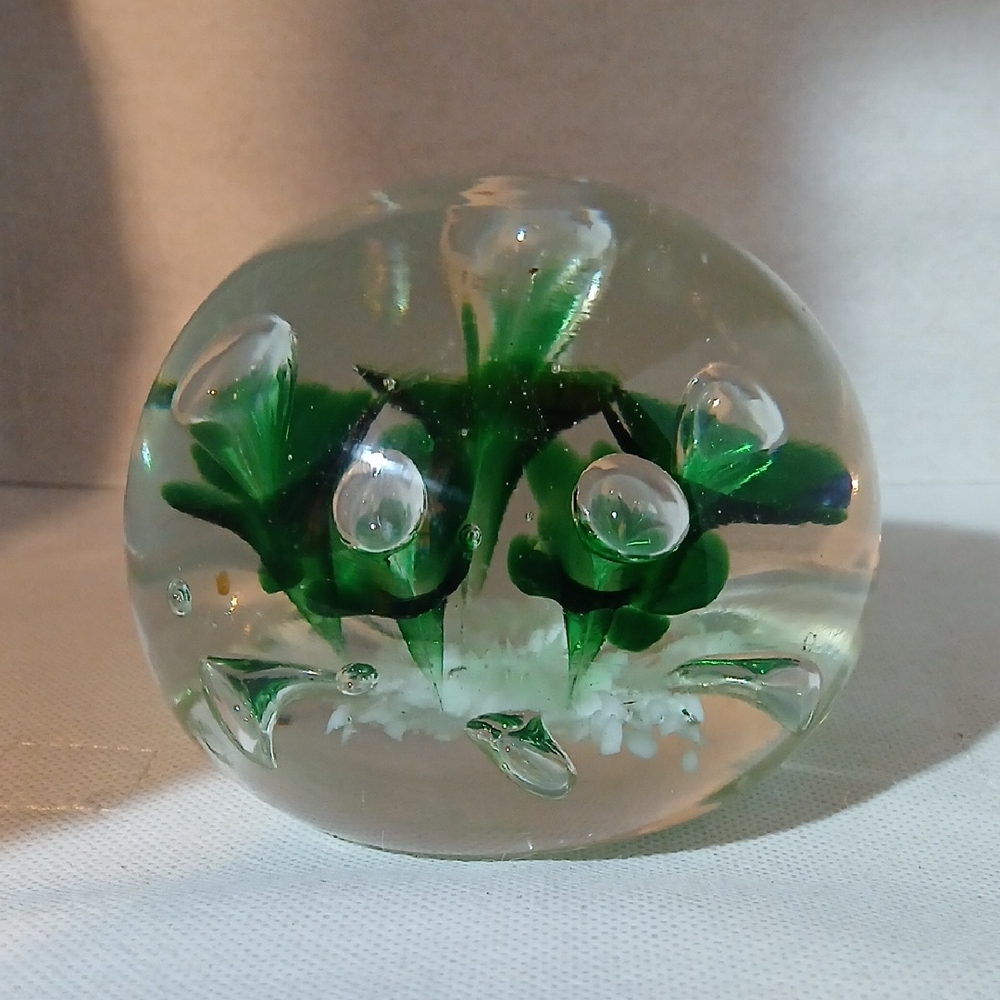 Vintage Green Floral Glass Paperweight